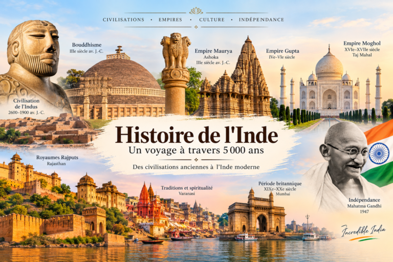 Histoire de l’Inde avec civilisation de l’Indus, Ashoka, Taj Mahal, Rajasthan, Gandhi et patrimoine indien