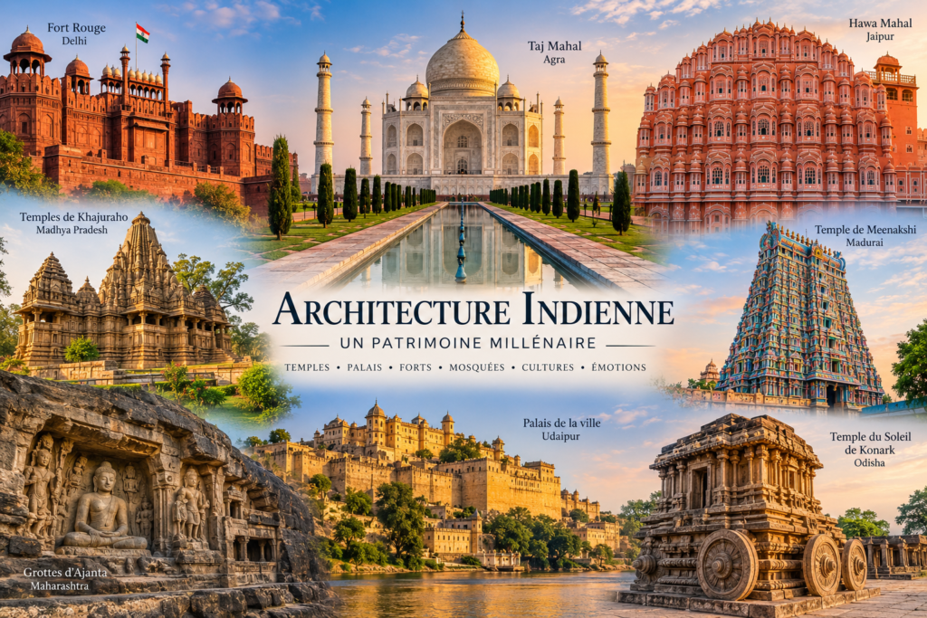 Architecture indienne avec Taj Mahal, Hawa Mahal, temples, forts et monuments historiques de l’Inde